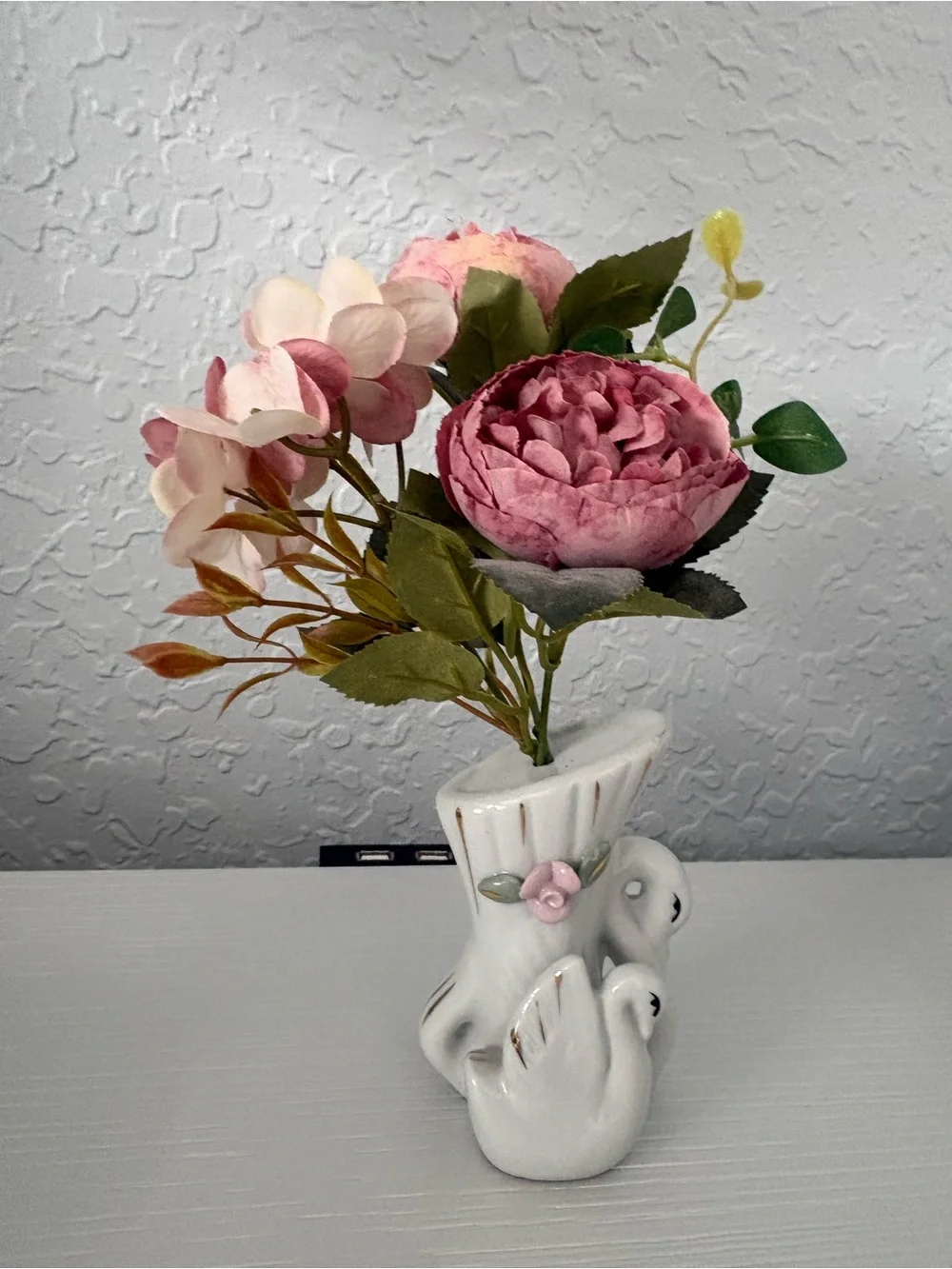 Set of 2 White Porcelain Swan Vase with Pink Floral Accent and 2 Doves in a hear